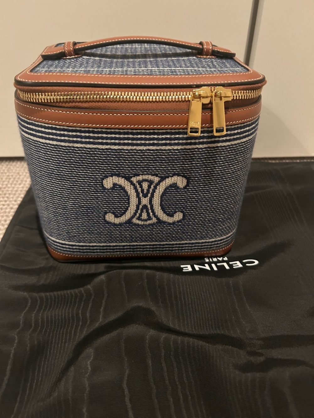 Celine Blue Canvas and Brown Leather Vanity Case LIMITED EDITION NO LONGER AVAIL